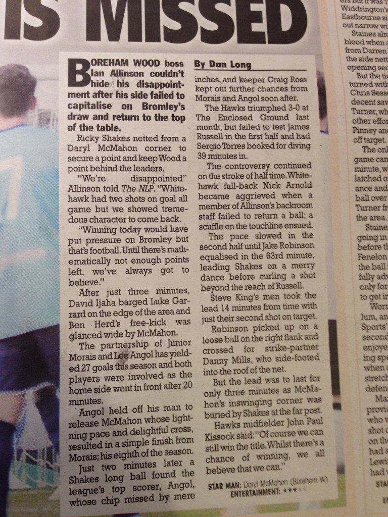 Conference South Star Match - Boreham Wood vs Whitehawk - Published Sunday 15th March 2015